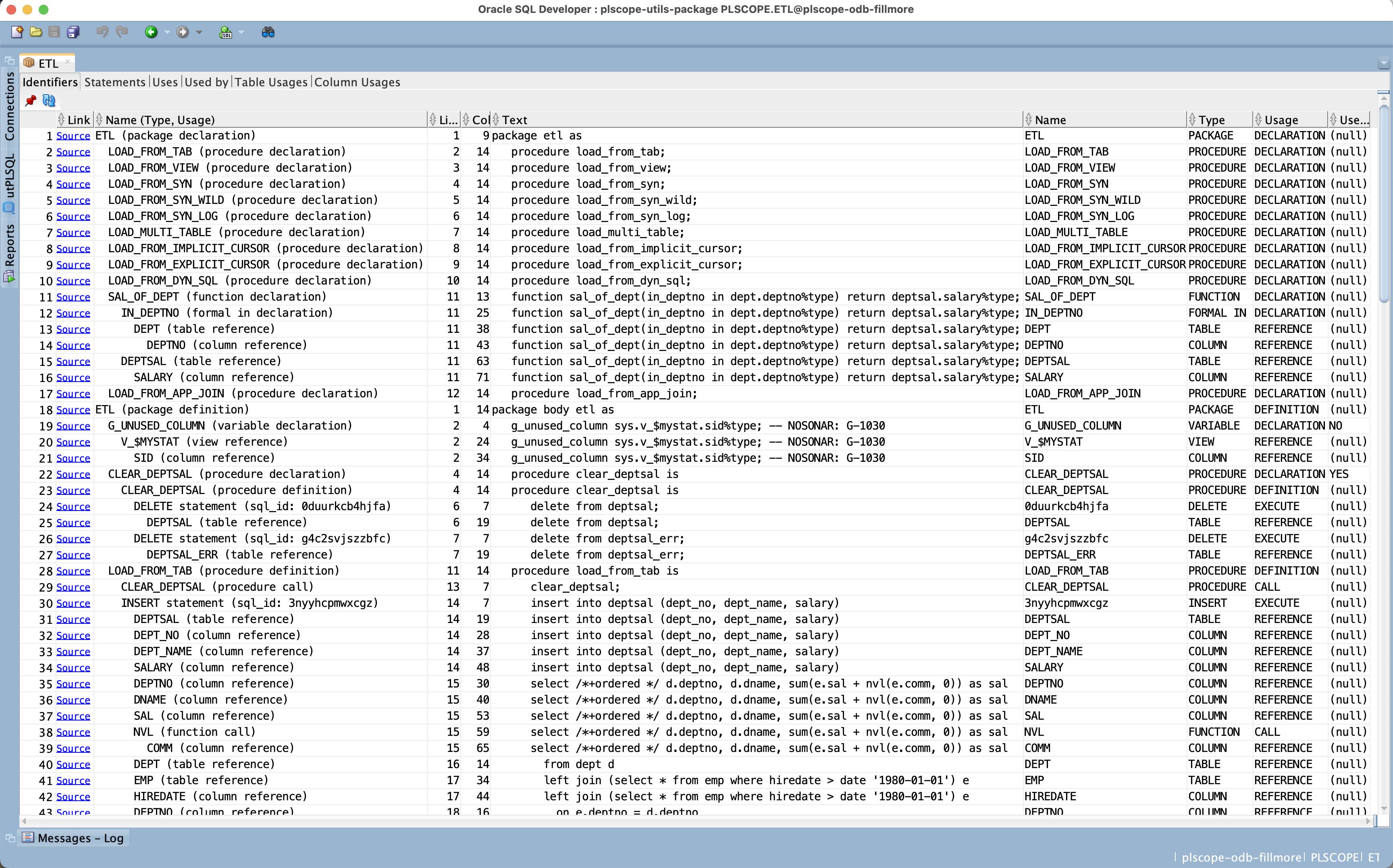 PL/Scope identifiers tab in SQL Developer (plscope-utils)