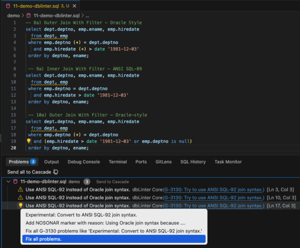 dbLinter for VS Code showing G-3130 violations and the pop-up window to apply quick fixes