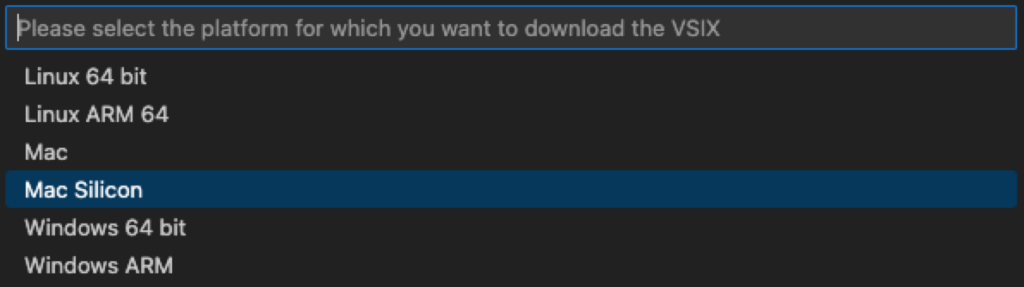 Select the platform for which you want to download the VSIX