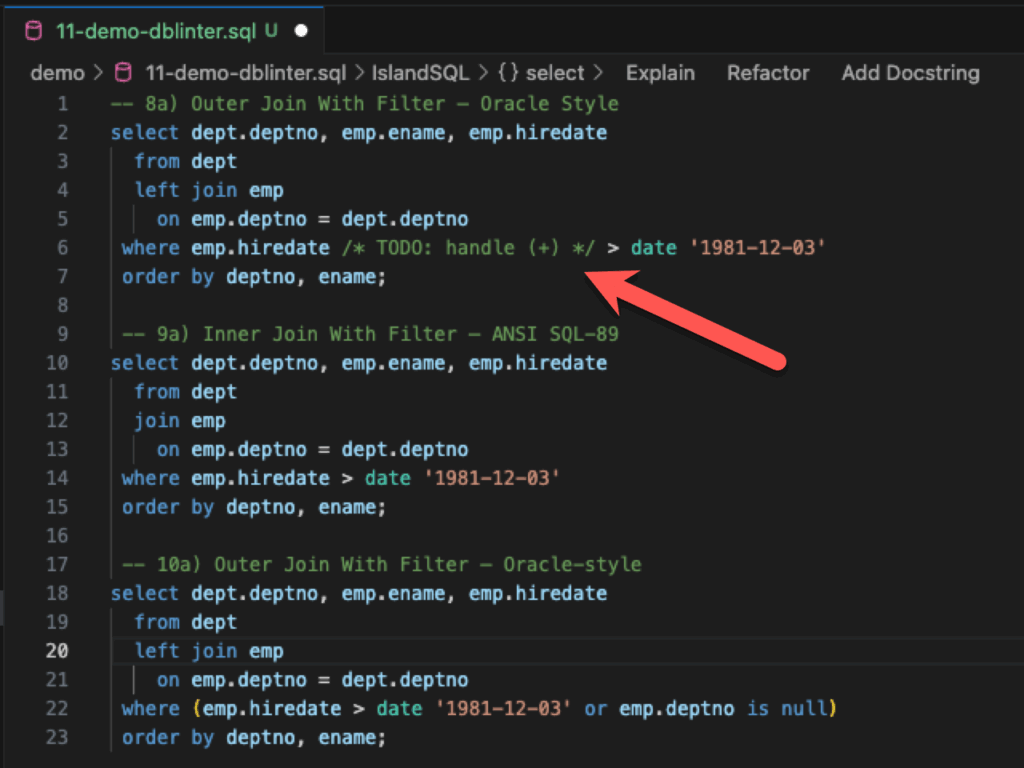 dbLinter for VS Code after applying the quick fix for all G-3130 violations